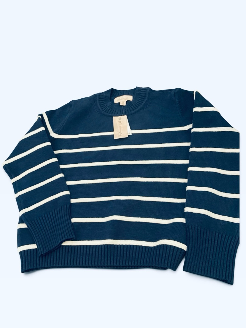 Philosophy Womens Navy and White Striped Crewneck Sweater - Classic Breton Style